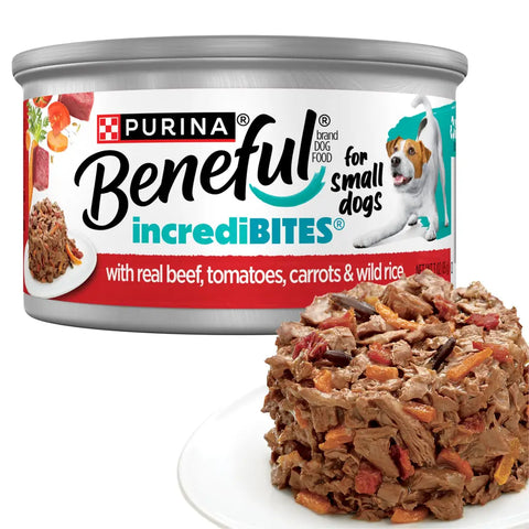 Beef – 3 oz × 12 Cans of Purina Beneful IncrediBites Beef wet dog food with plated serving.