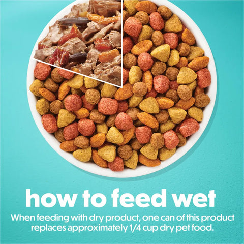 Purina Beneful IncrediBites wet dog food with real chicken, tomatoes, carrots, and wild rice.