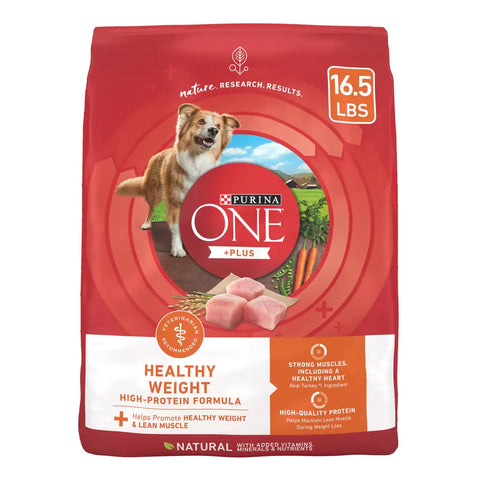 Purina ONE Plus Healthy Weight High-Protein Formula dry dog food bag, 16.5 lbs, featuring real turkey and a dog on the packaging.