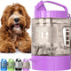 Large purple 77oz dog travel water bottle with measurements lines and handle featuring a fluffy brown puppy