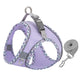 Purple dog harness and leash set on a white background