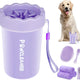 Purple silicone dog paw cleaner cup set shown with a Golden Retriever and grooming accessories.