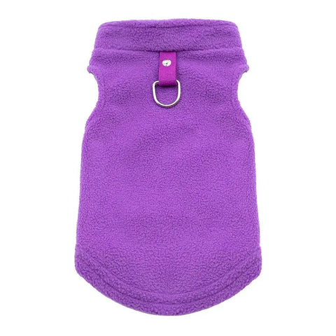 Purple fleece dog vest with a buckle on a white background