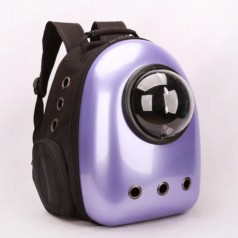 Purple pet backpack with a transparent bubble window on a white background