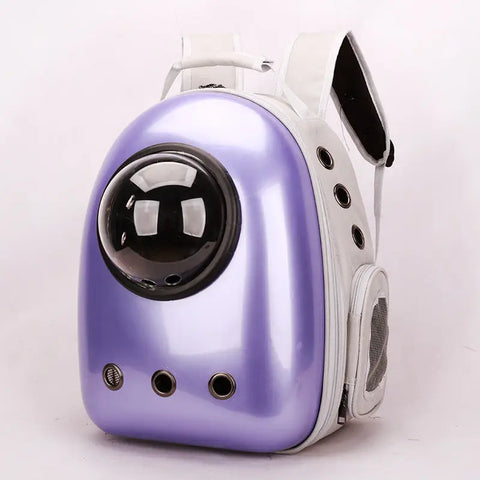 Purple pet carrier with a black circular window on a white background