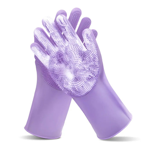 Purple reusable silicone pet scrubber gloves with soft bristle palms.