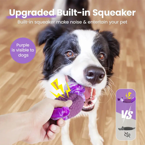 Alligator dog toy in a purple shade highly visible to canines featuring an upgraded built-in squeaker for pet entertainment.