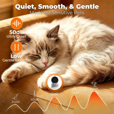 Quiet 50dB low vibration pet grooming vacuum being used near a sleeping, sensitive cat.