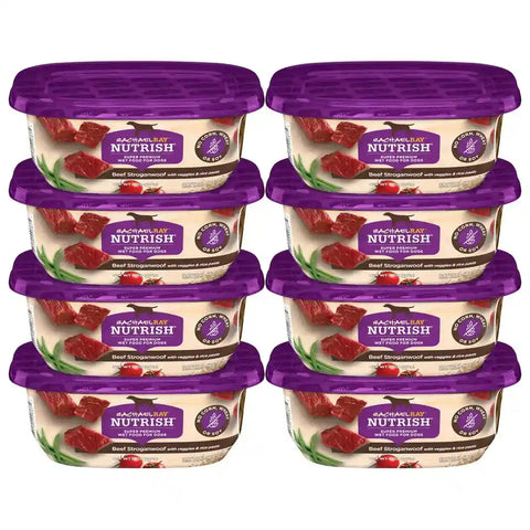 Eight pack of Rachael Ray Nutrish Beef Stroganwoof wet dog food 8 ounce tubs with veggies and rice pasta.