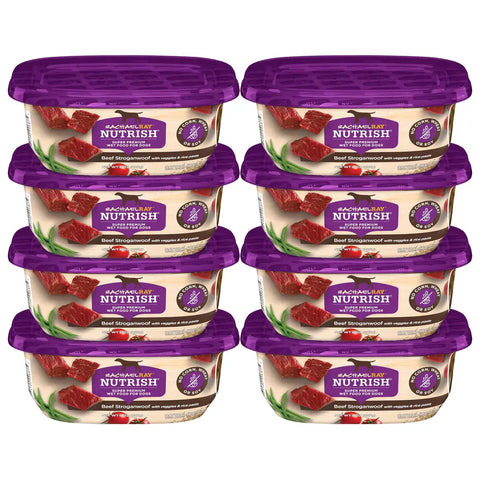 Eight pack of Rachael Ray Nutrish Beef Stroganwoof wet dog food 8 ounce tubs with veggies and rice pasta.