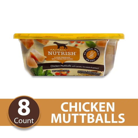 Front view of Rachael Ray Nutrish Chicken Muttballs premium wet dog food 8 ounce tub with carrots, rice pasta, and spinach, labeled as an 8 count package.