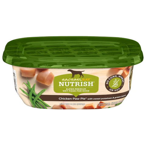 Front view of Rachael Ray Nutrish Chicken Paw Pie wet dog food 8 ounce tub with sweet potatoes and green beans.
