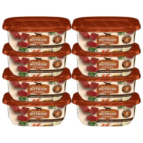 Stacked eight pack of Rachael Ray Nutrish Hearty Beef Stew premium wet dog food for adult dogs.