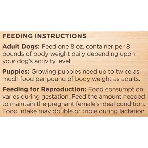 Close-up of feeding instructions for adult dogs, growing puppies, and reproduction on Rachael Ray Nutrish packaging.