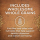 Infographic highlighting wholesome whole grains for healthy digestion and dog well-being with grain graphics on a wooden background.