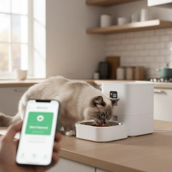 Blue point Ragdoll cat eating from stainless steel bowl of modern automatic pet feeder in kitchen setting with smartphone showing feeding notifications