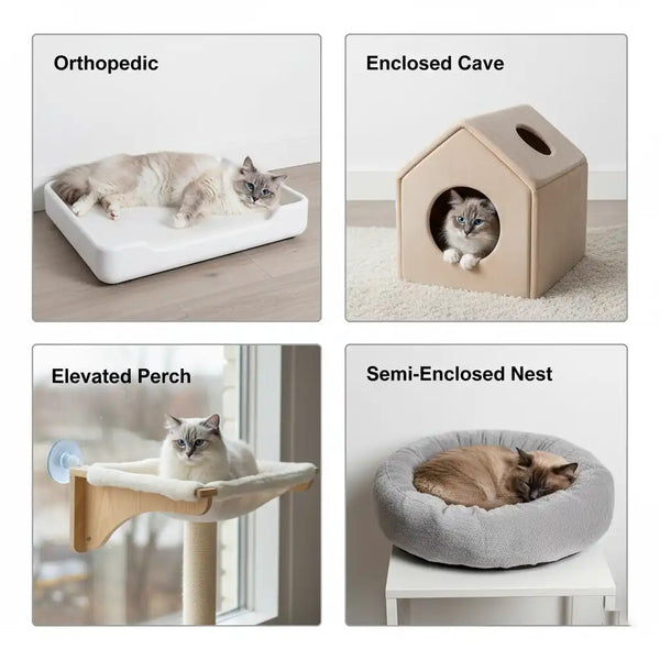 Side-by-side comparison of four cat bed types for Ragdoll cats showing orthopedic memory foam bed, enclosed cave bed, elevated cat perch, and semi-enclosed nest with Ragdoll cat