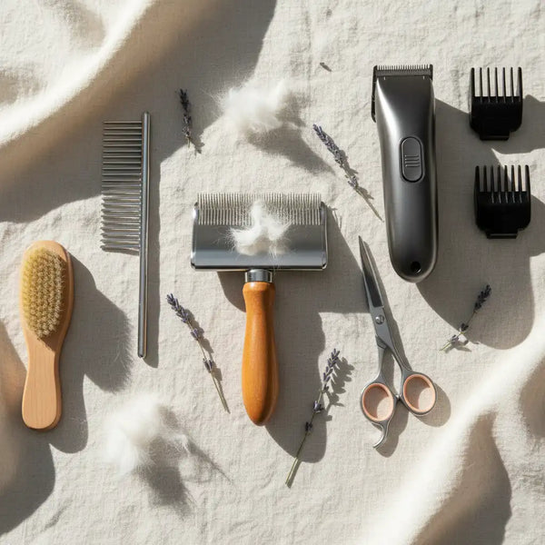 Professional grooming tools for long-haired Ragdoll cats including slicker brush, wide-tooth comb, dematting tool, and pet hair clippers arranged on soft surface
