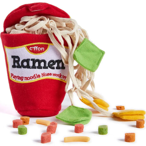Red cup of ramen plush dog nose work toy with pull-out fabric noodles and interactive treat pockets.