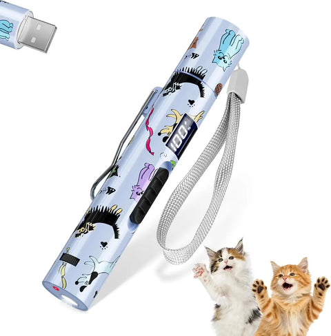 Cute blue cat pattern rechargeable laser pointer featuring a digital LED battery display screen and flashlight mode