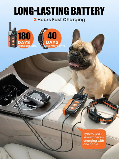 Fast 2-hour Type-C charging setup showing long-lasting battery life (up to 180 days standby for remote and 40 days for receiver collar)