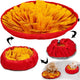 Bright red and yellow round dog snuffle mat adjustable to slow feeder bowl mode.