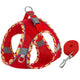 Red dog harness and leash set with patterned handle on a white background