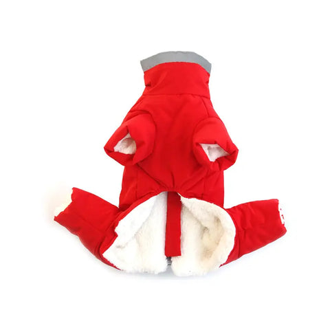 Red pet coat with white fur lining on white background.