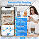 Smartphone app interface for the pet feeder featuring two-way audio, video playback, voice record meal calls, and manual feeding options.