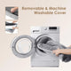 Removable zippered dog bed cover being placed inside a washing machine for easy cleaning