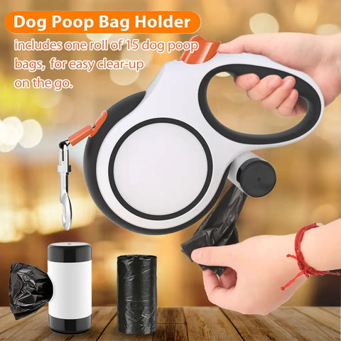 Hands pulling a black waste bag out of the built-in dog poop bag holder attached to the bottom of the retractable leash handle.