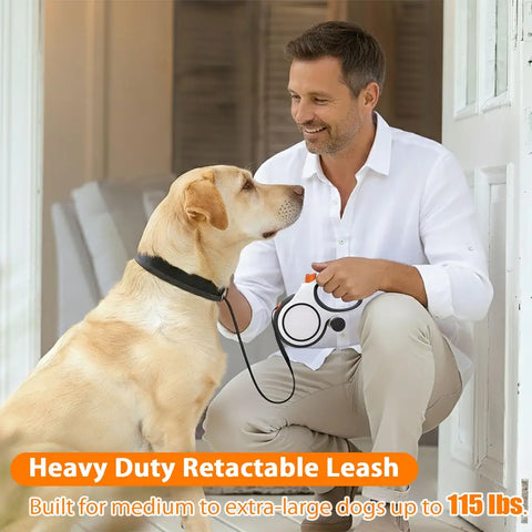 A man kneeling next to a yellow Labrador retriever using a heavy-duty retractable dog leash rated for dogs up to 115 lbs