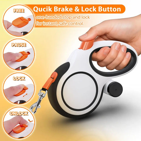 Demonstration of the one-handed quick brake, pause, lock, and unlock button functions on a retractable pet leash.
