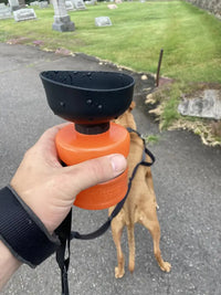 Person holding orange Gorilla Grip dog water bottle while walking dog on leash