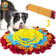 AWOOF colorful roll-up fleece dog snuffle mat with flower center and Border Collie dog.