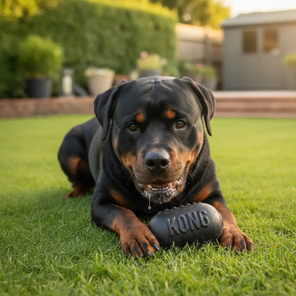 Rottweiler chewing black KONG Extreme durable toy on grass