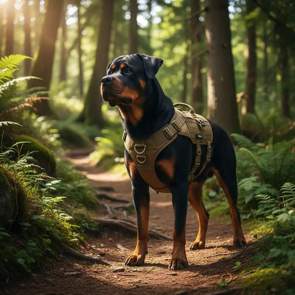 Rottweiler wearing tactical MOLLE harness on forest hiking trail
