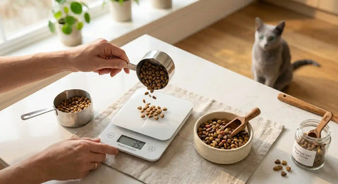 Measuring cat food portions with digital scale and measuring cup for Russian Blue cat weight management
