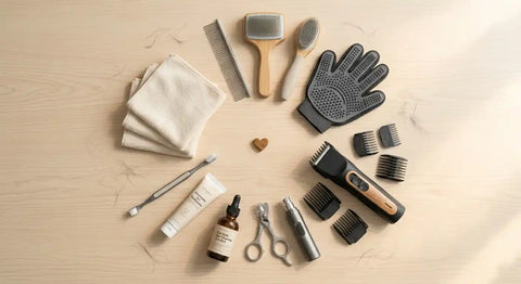 Flat lay arrangement of essential Russian Blue cat grooming tools including steel comb, slicker brush, grooming mitt, rechargeable clipper, nail grinder, ear cleaner, dental kit, and microfiber wipes on light wood surface