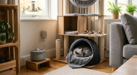 A calm Russian Blue cat resting peacefully in a covered bed inside a thoughtfully designed safe space with a cat tree, water fountain, and calming pheromone diffuser.