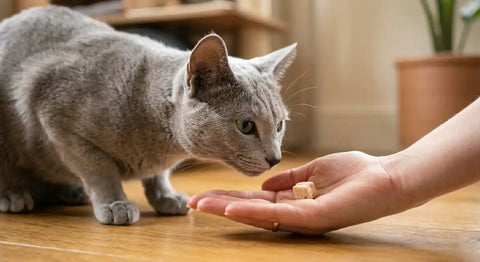 A person's open hand gently offering a treat to a cautious Russian Blue cat, demonstrating positive reinforcement trust-building techniques for shy felines.