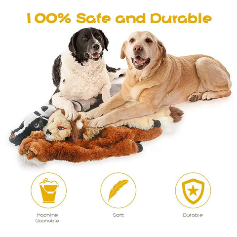 Two happy dogs resting on a pile of safe, durable, and machine-washable stuffingless plush dog toys.