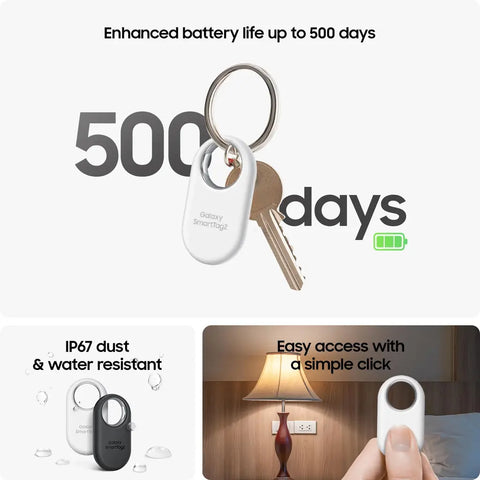 Samsung Galaxy SmartTag2 featuring 500-day battery life and IP67 water resistance.