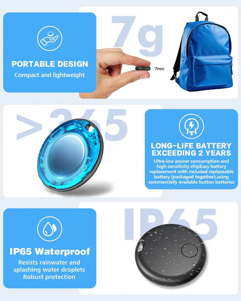 Product technical specs showing 7mm thickness, 2-year battery life, and IP65 waterproof rating.