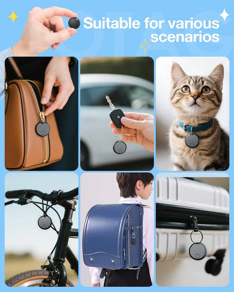 Lifestyle montage of SeekTag attached to a cat collar, car keys, bicycle, backpack, and suitcase.