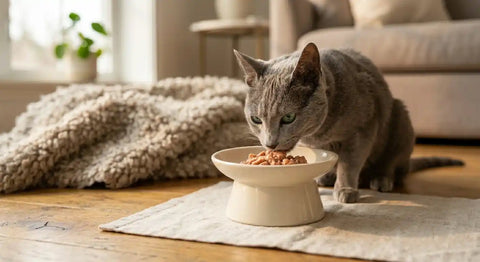Senior Russian Blue cat eating senior-specific wet food with gentle focus on age-appropriate nutrition