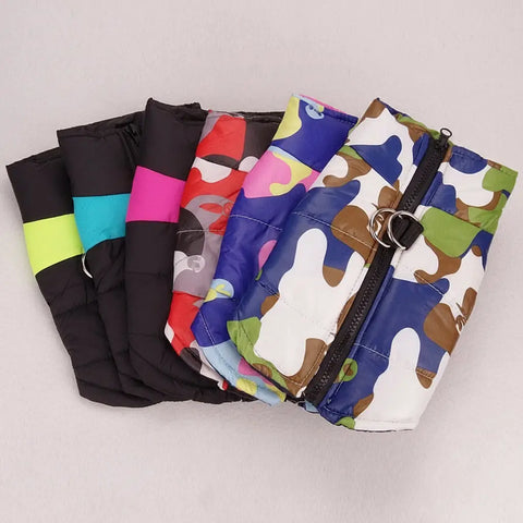 Set of colorful dog coats with different patterns on light gray.
