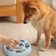 A Shiba Inu dog focused on solving a blue circular treat-dispensing puzzle toy on a wooden floor.