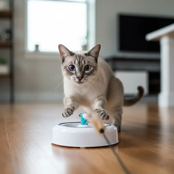 Seal point Siamese cat playing with automatic teaser turntable toy, focused on moving wand with blue eyes wide