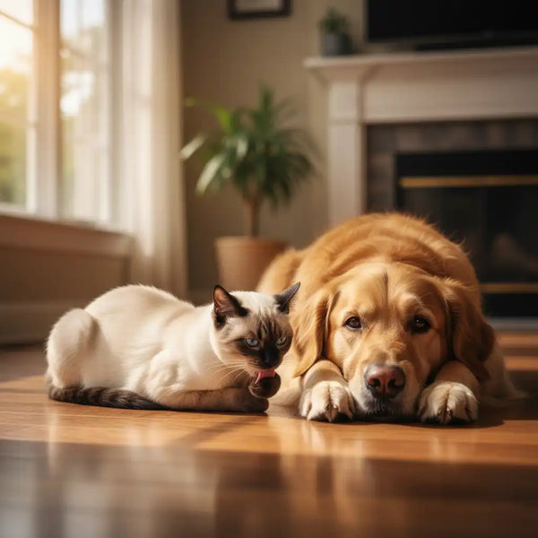 Siamese cat and golden retriever dog lying peacefully together on floor near window with soft natural light